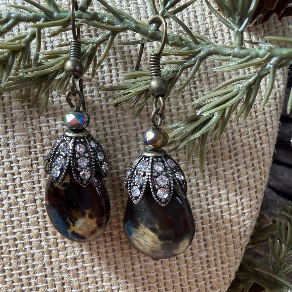 Elegant Gold and Brown Dangle Agate Earrings